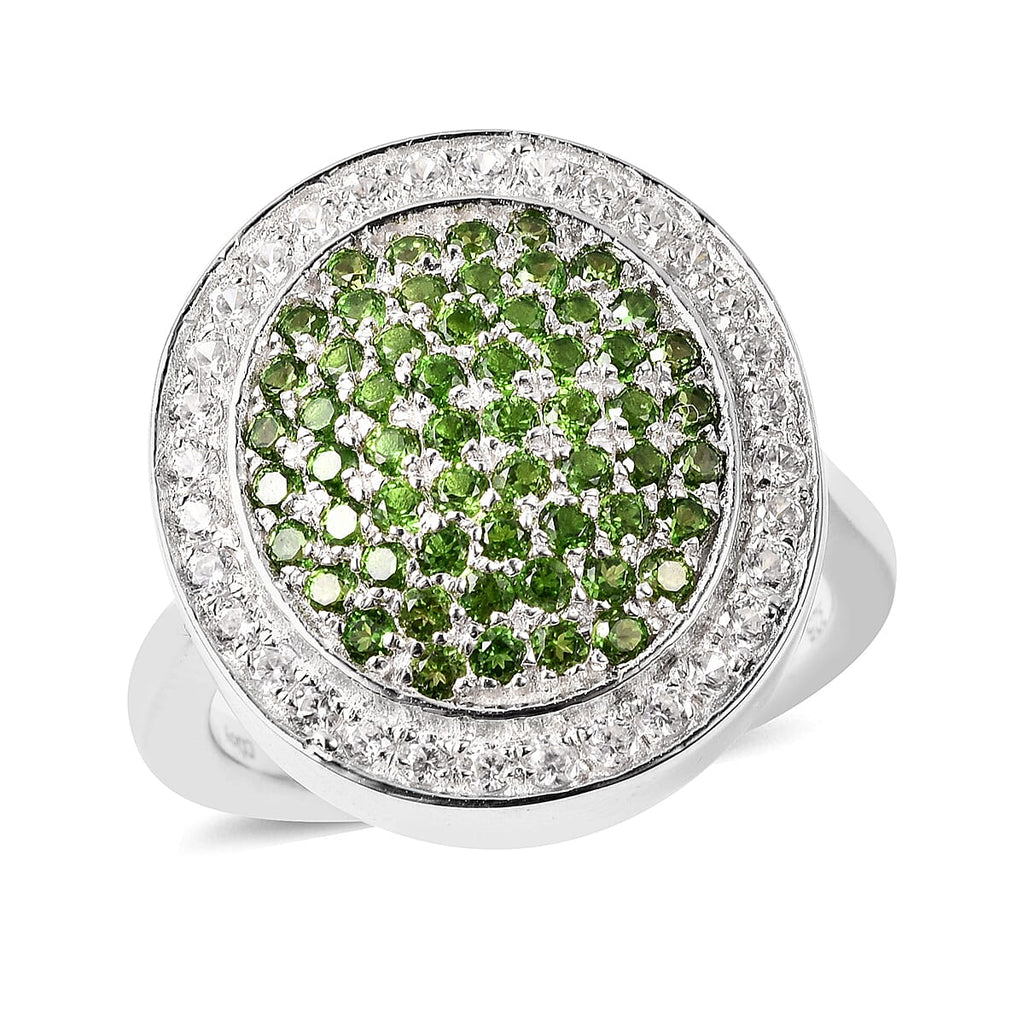 Chrome Diopside and Natural Zircon Ring with Magnet in Rhodium Overlay Sterling Silver 1.66 Ct, Silver Wt. 7.78 Gms