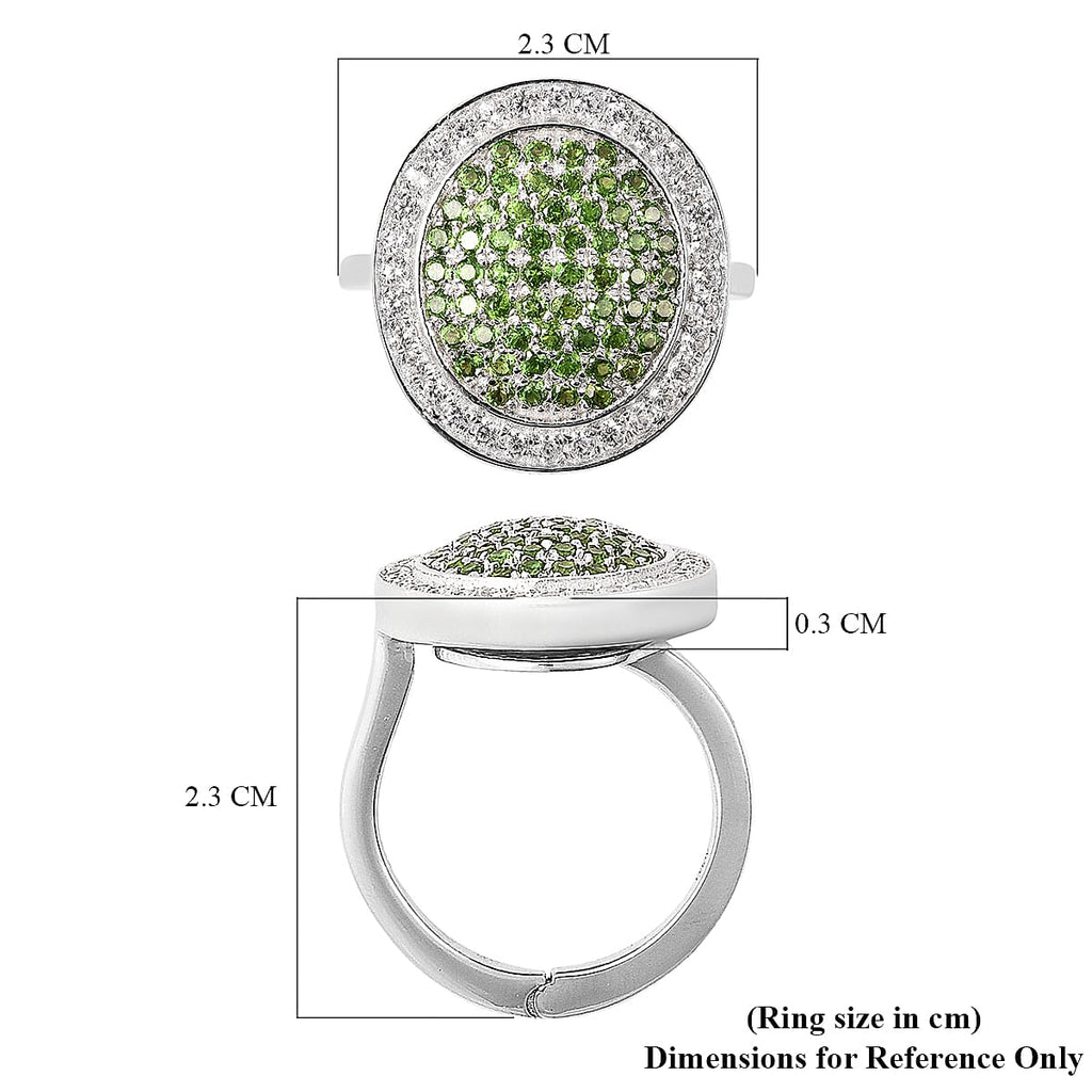 Chrome Diopside and Natural Zircon Ring with Magnet in Rhodium Overlay Sterling Silver 1.66 Ct, Silver Wt. 7.78 Gms