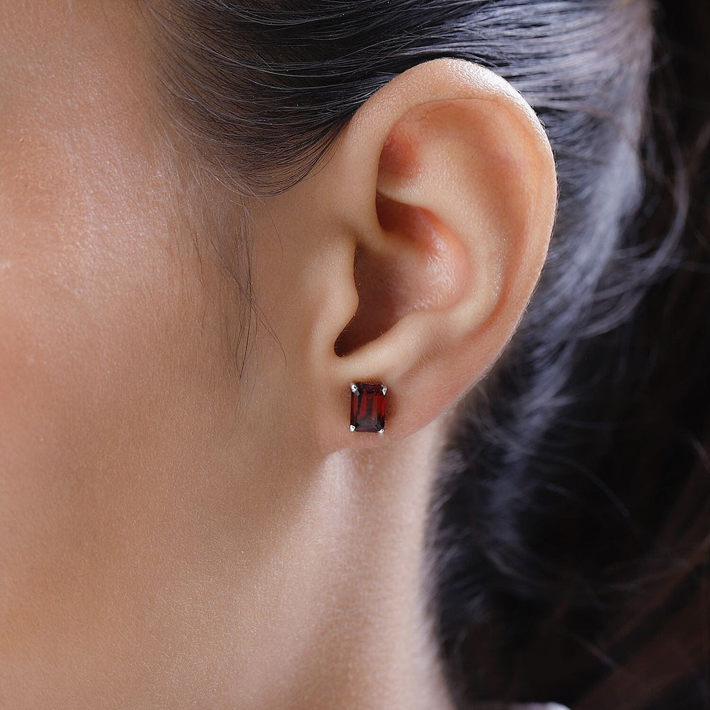 Red Garnet Solitaire Stud Earrings in Platinum Overlay Sterling Silver 2.40 Ct.