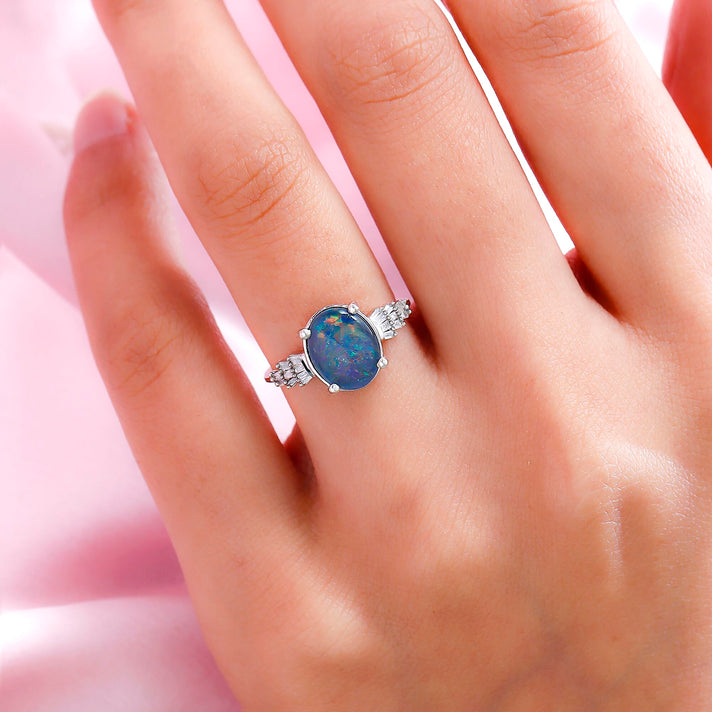 1.80 Ct. Australian Boulder Opal and Diamond Ring in Platinum Plated Sterling Silver 3730665 2