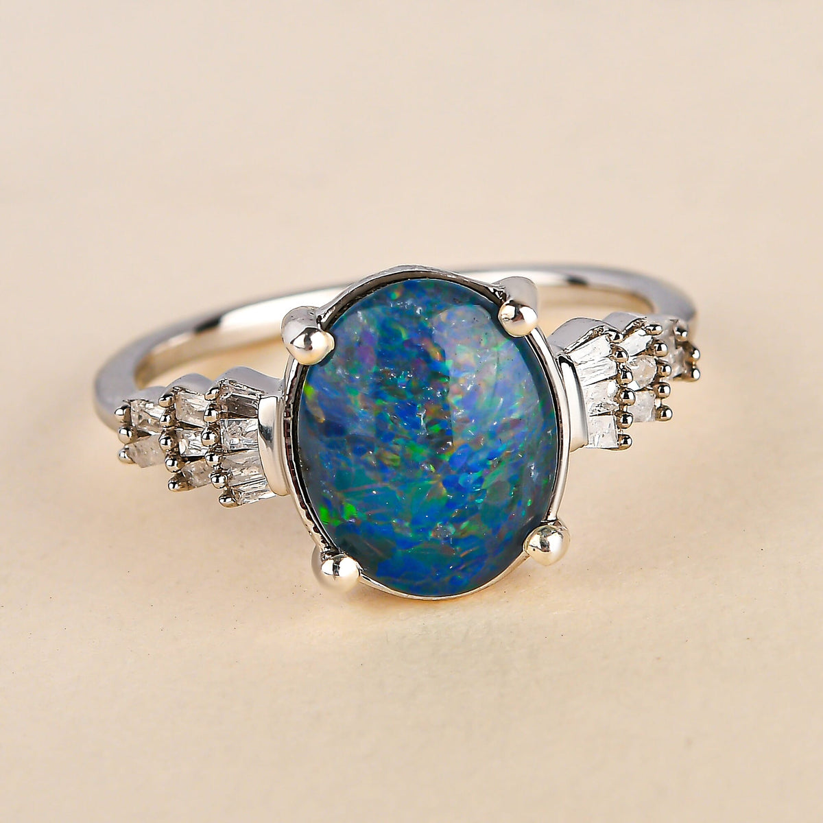 1.80 Ct. Australian Boulder Opal and Diamond Ring in Platinum Plated Sterling Silver V32519497 4