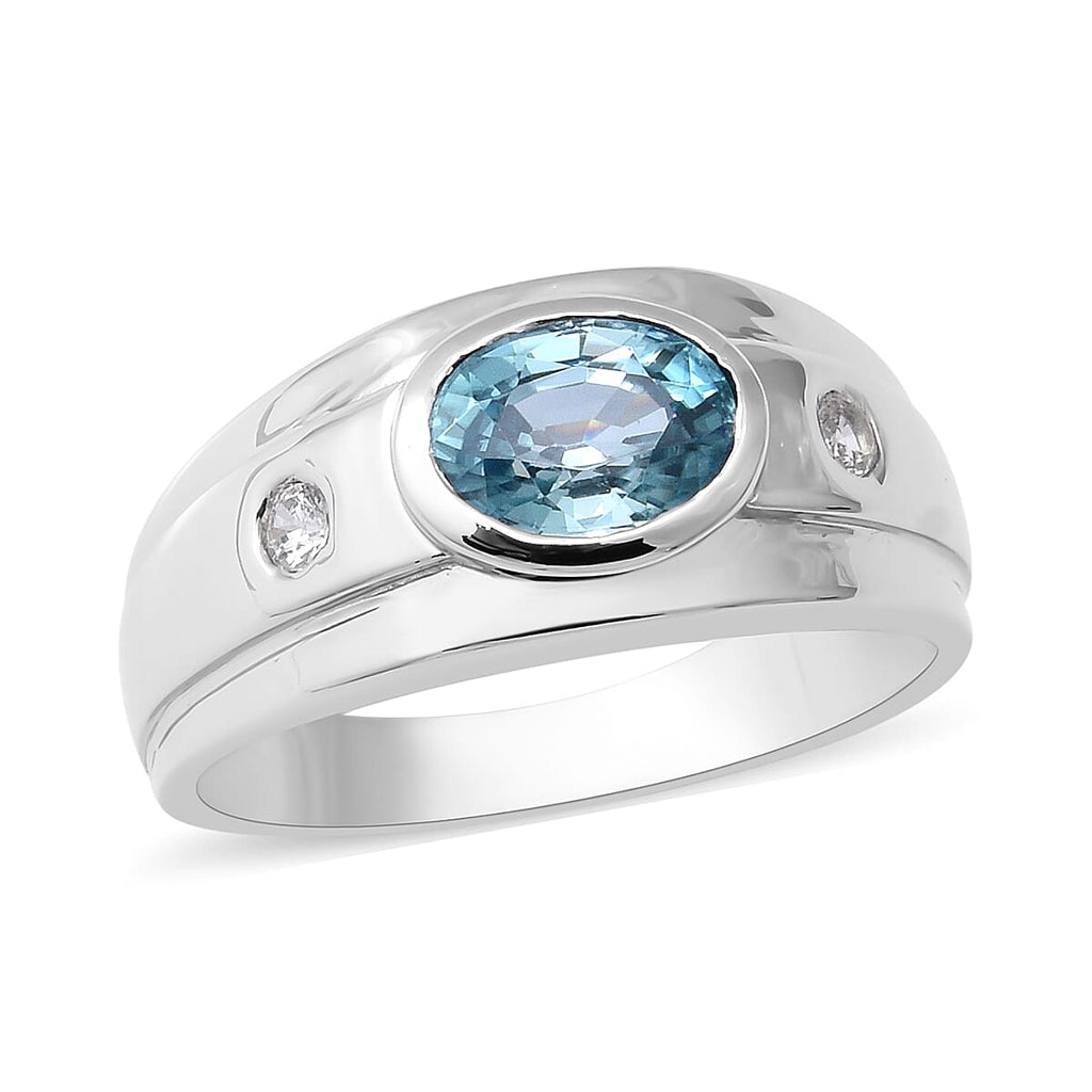 Ratanakiri Blue Zircon and Natural Cambodian Zircon Ring in Rhodium Overlay Sterling Silver 2.12 Ct.