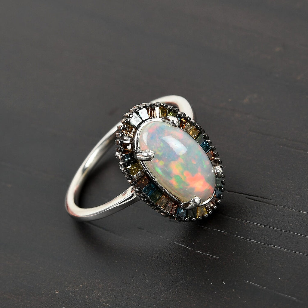 Ethiopian Welo Opal and Multi Diamond Ring in Platinum Overlay Sterling Silver 1.96 Ct.