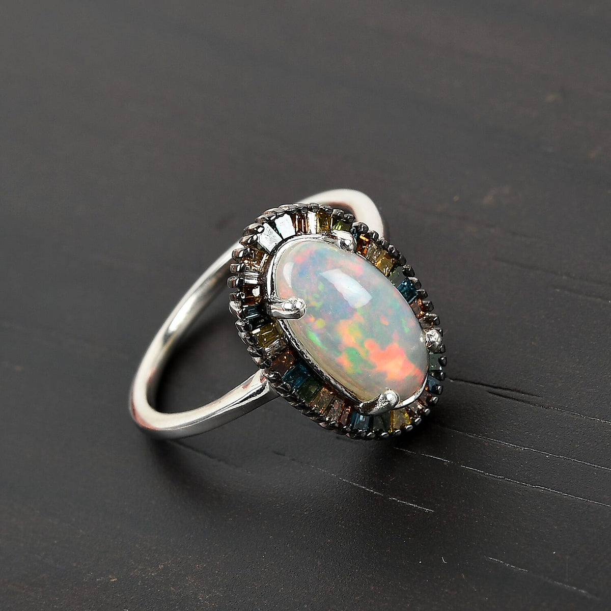 1.96 Ct. Ethiopian Welo Opal and Multi Gemstone Ring in Platinum Plated Sterling Silver 3857919 2