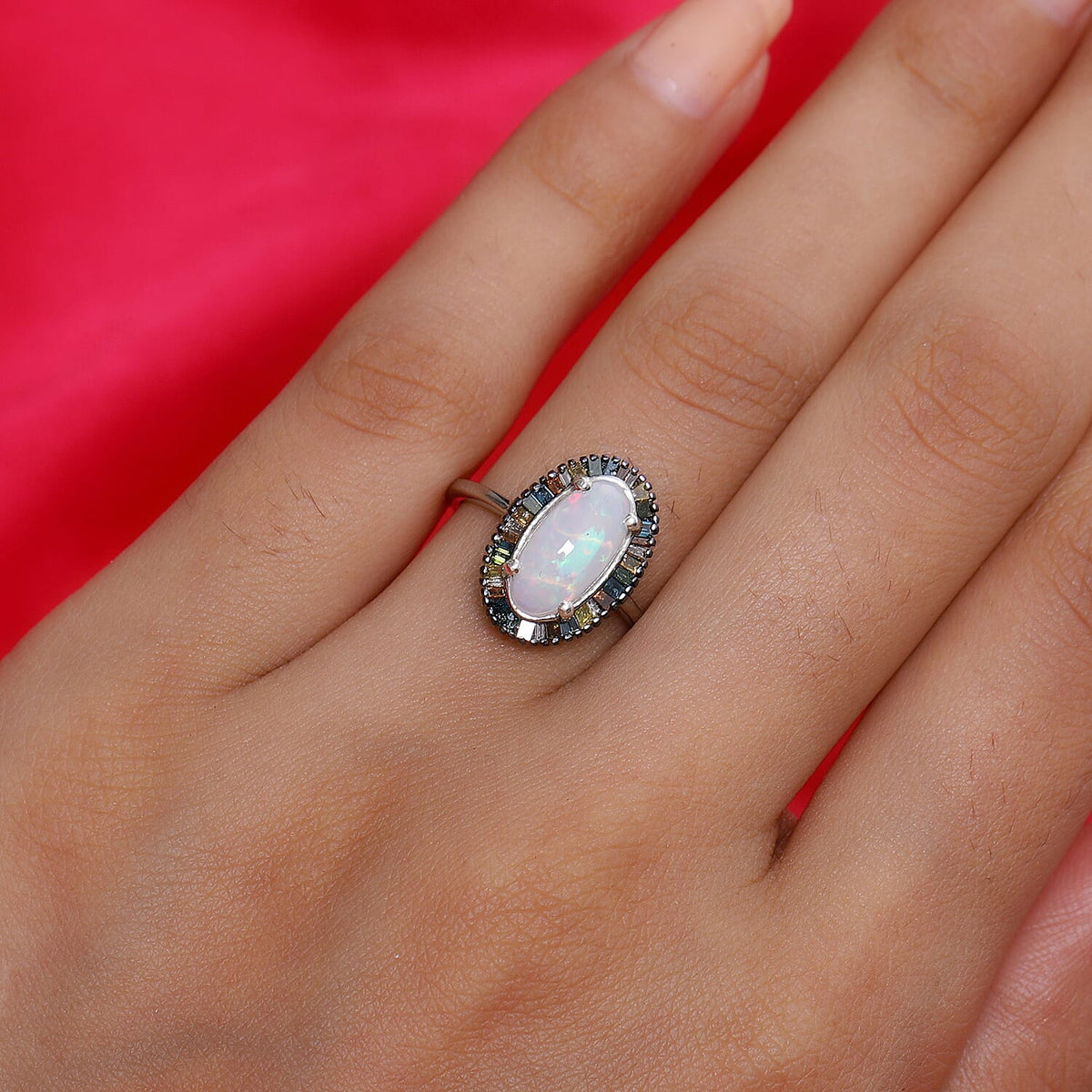 1.96 Ct. Ethiopian Welo Opal and Multi Gemstone Ring in Platinum Plated Sterling Silver 3857919 3