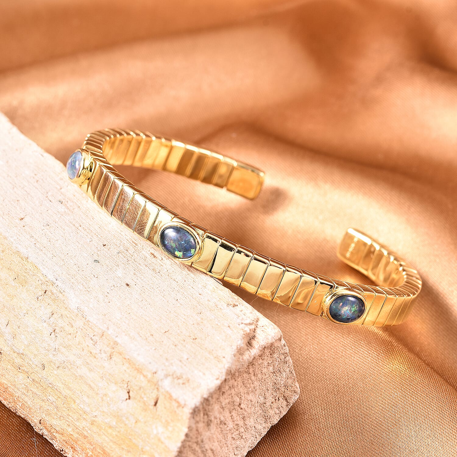 GP Collection - Tubo Gas - Australian Boulder Opal Bangle (Size 7.5) in Yellow Gold Overlay Sterling Silver 3726588 0