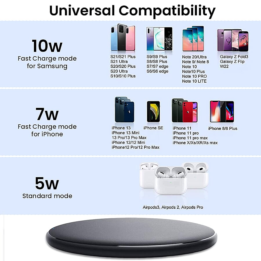 10 Watts Wireless Fast Charger with LED Indicator for Samsung Galaxy S21/S20/S10/S10+/S10e/S9/S9+/S8/S7, iPhone 13/12/SE 2/11/Xs/XR/X/8 Plus/8, Airpods, and All Qi-Enabled Phone- Black 7456318 2