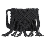 100% Cotton Crossbody Macrame Bag with Long Handle - Fringes  - Black