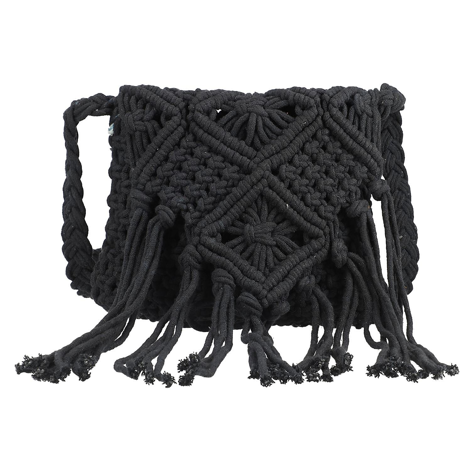 100% Cotton Crossbody Macrame Bag with Long Handle and Fringes - Black 8717933 0