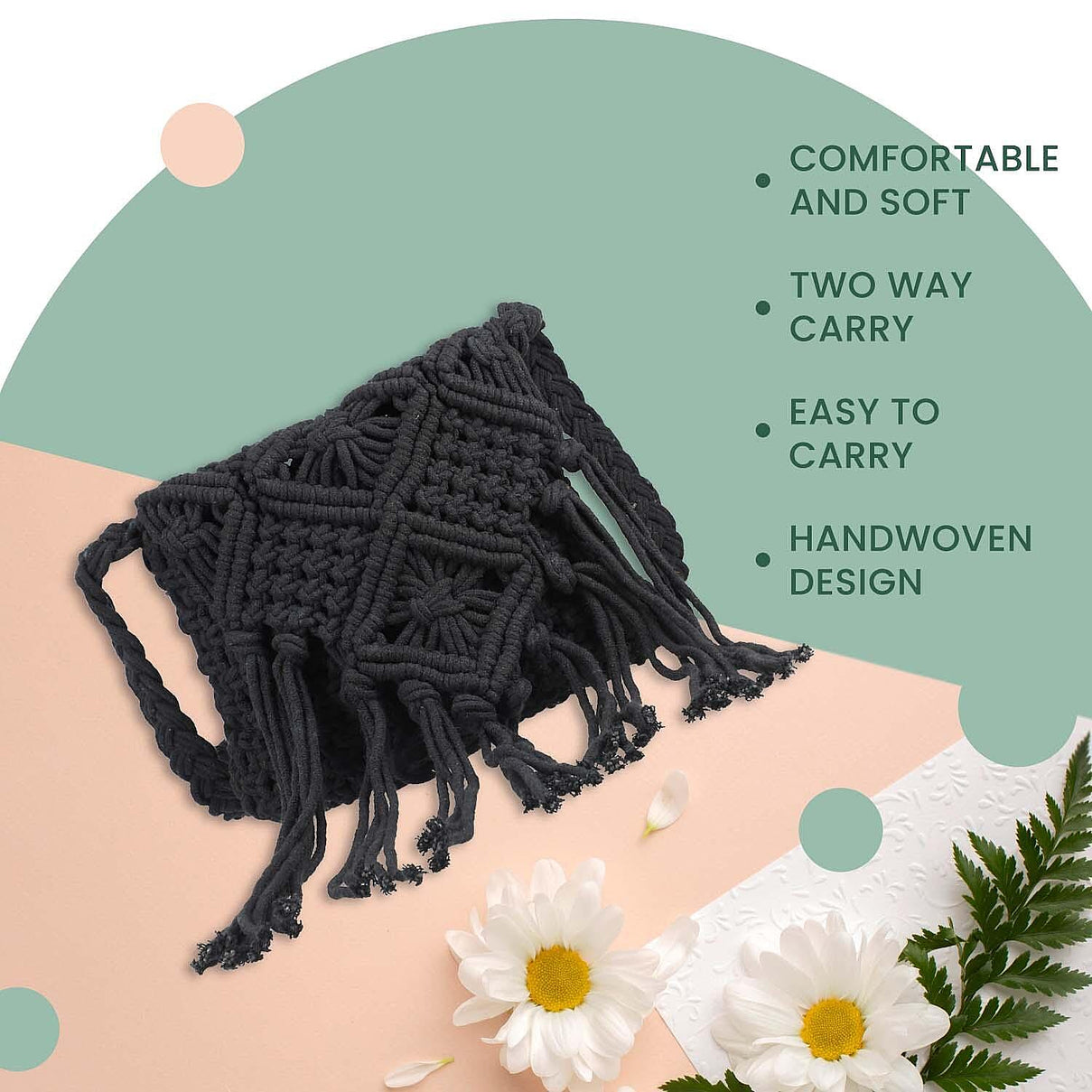 100% Cotton Crossbody Macrame Bag with Long Handle and Fringes - Black 8717933 3