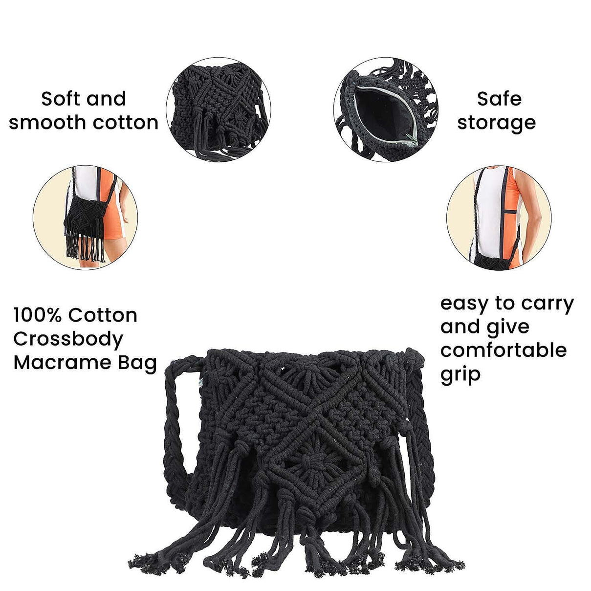100% Cotton Crossbody Macrame Bag with Long Handle and Fringes - Black 8717933 4
