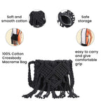 100% Cotton Crossbody Macrame Bag with Long Handle - Fringes  - Black