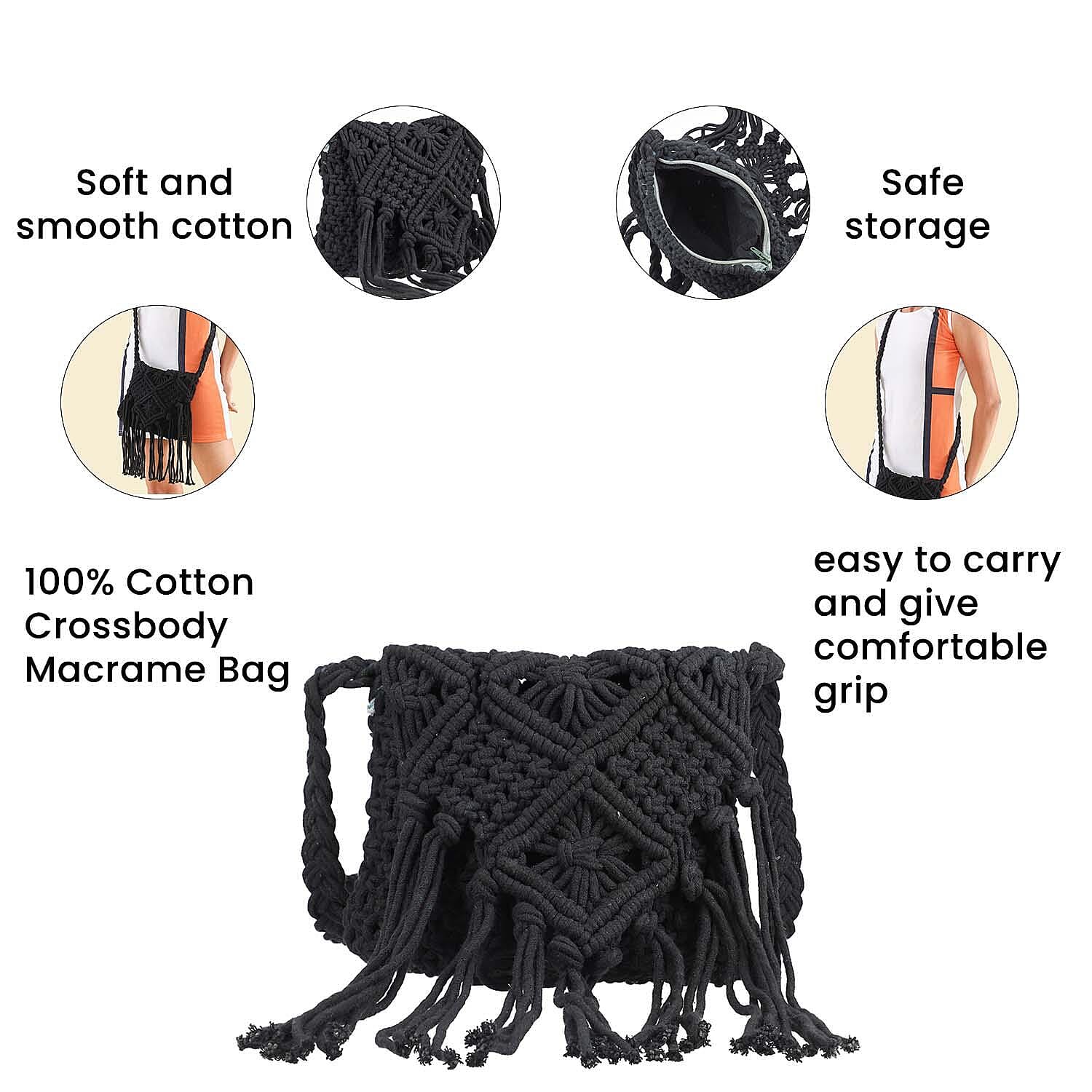 100% Cotton Crossbody Macrame Bag with Long Handle and Fringes - Black 8717933 4