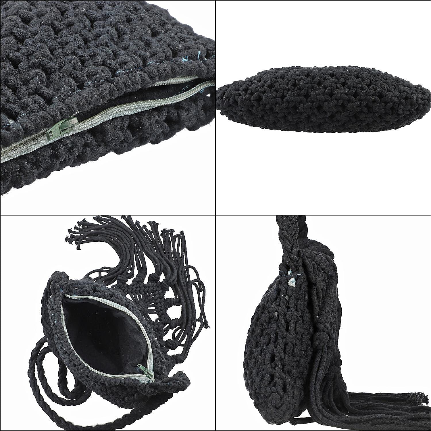 100% Cotton Crossbody Macrame Bag with Long Handle and Fringes - Black 8717933 5