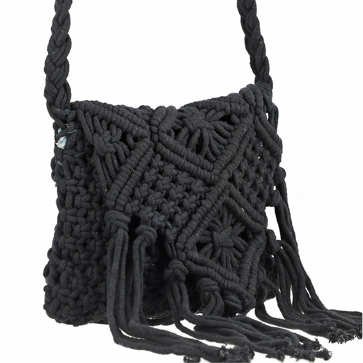 100% Cotton Crossbody Macrame Bag with Long Handle and Fringes - Black 8717933 7