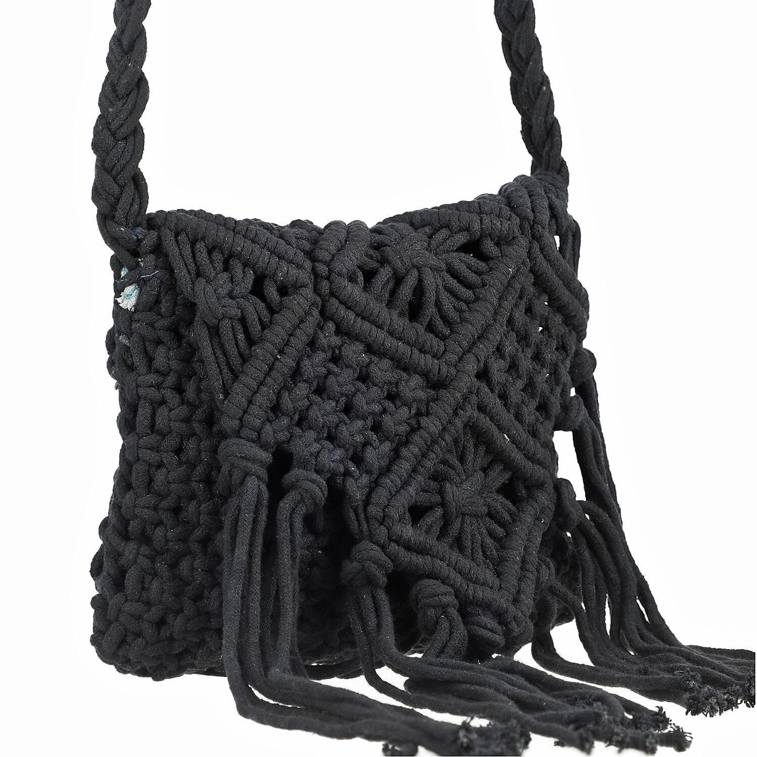 100% Cotton Crossbody Macrame Bag with Long Handle and Fringes - Black 8717933 7