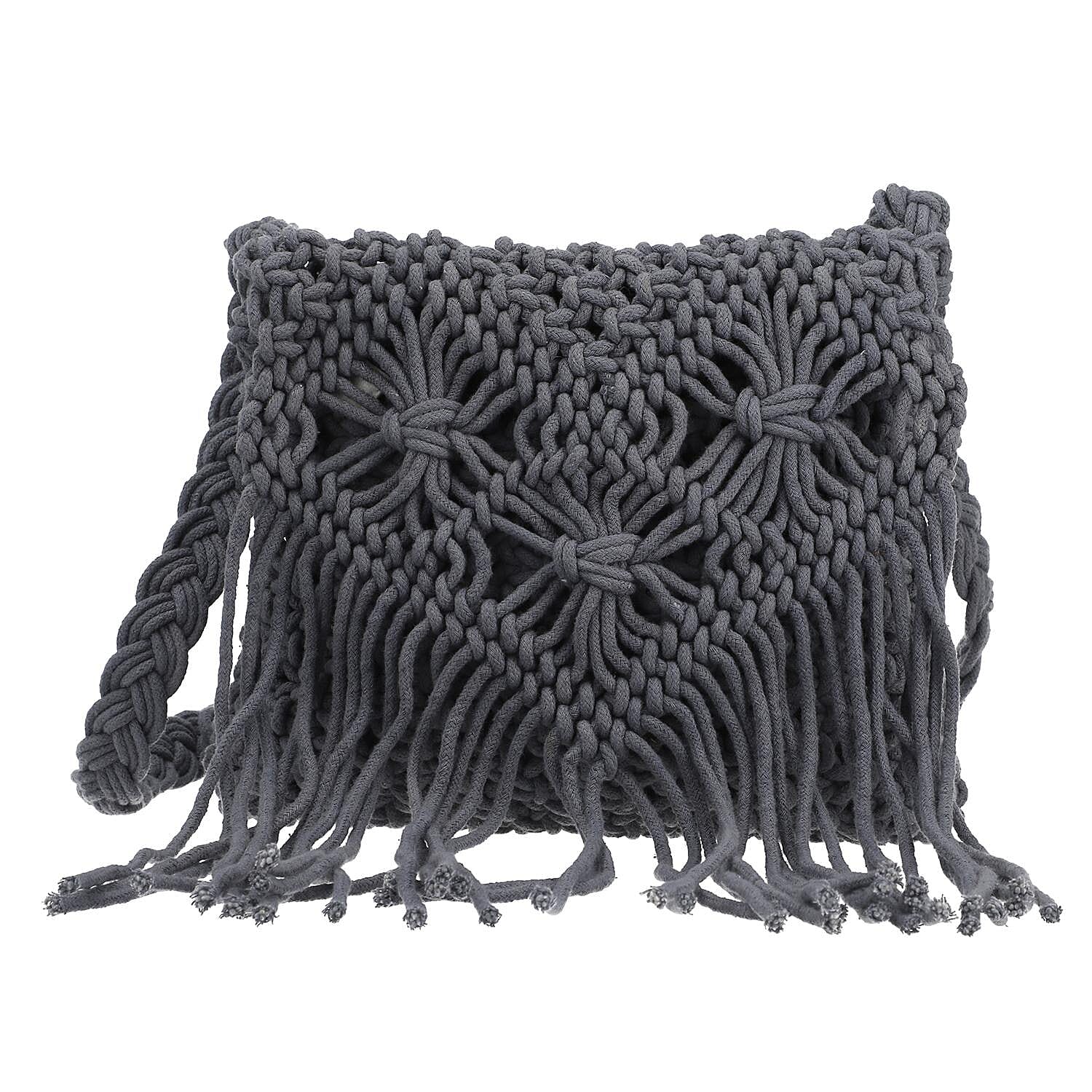 100% Cotton Crossbody Macrame Bag with Long Handle - Grey 8717918 0
