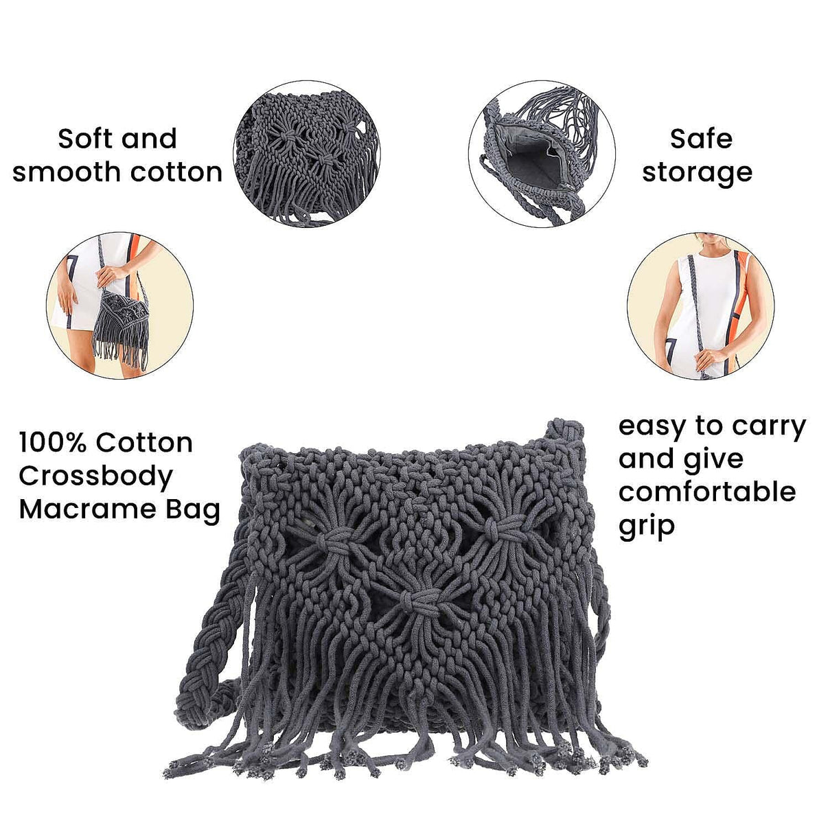 100% Cotton Crossbody Macrame Bag with Long Handle - Grey 8717918 4