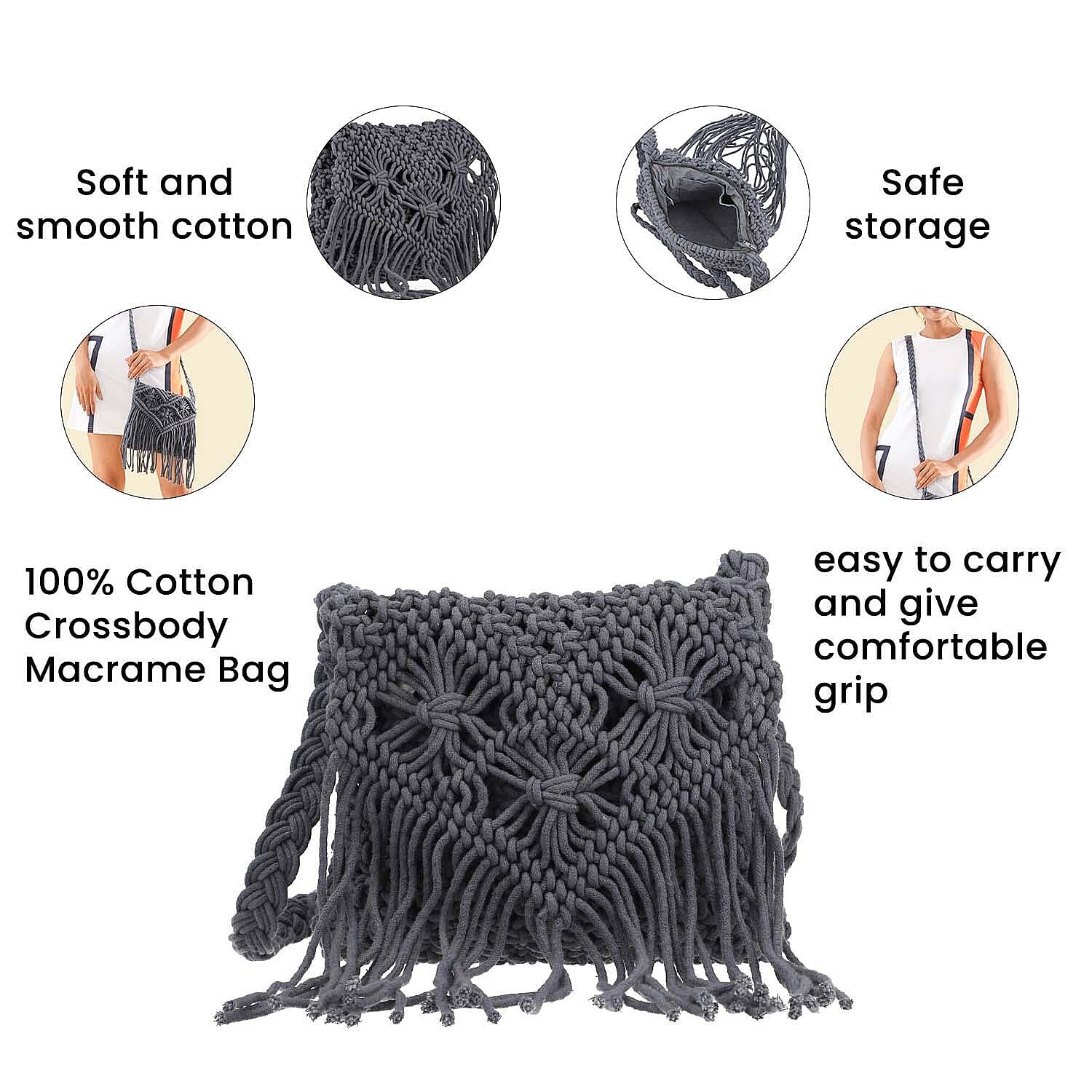 100% Cotton Crossbody Macrame Bag with Long Handle - Grey 8717918 4