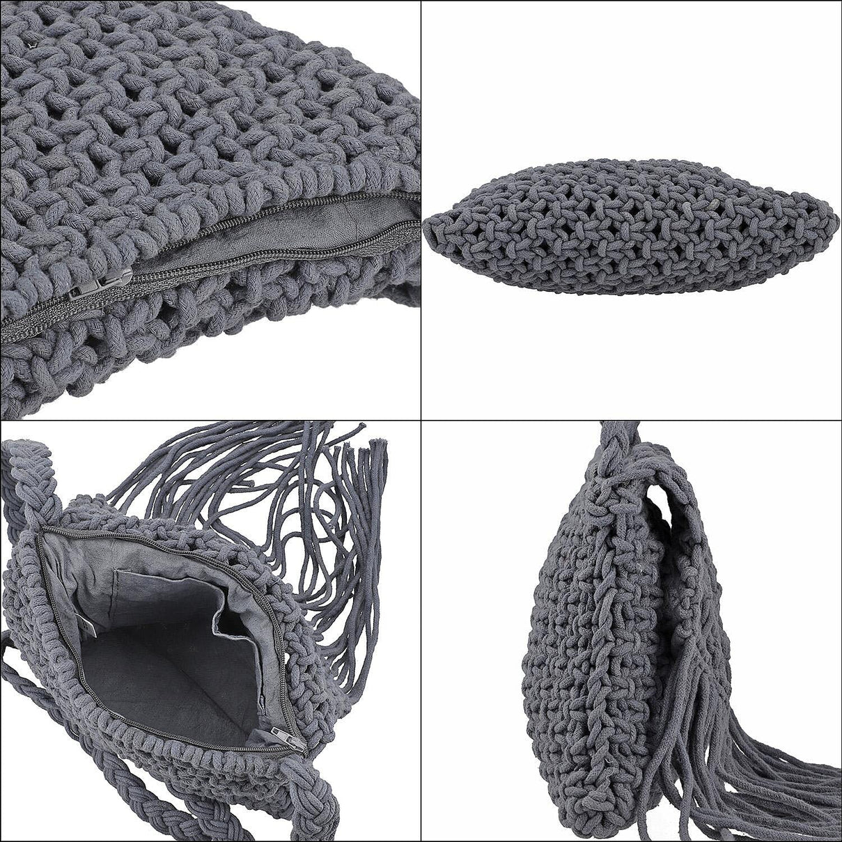 100% Cotton Crossbody Macrame Bag with Long Handle - Grey 8717918 5