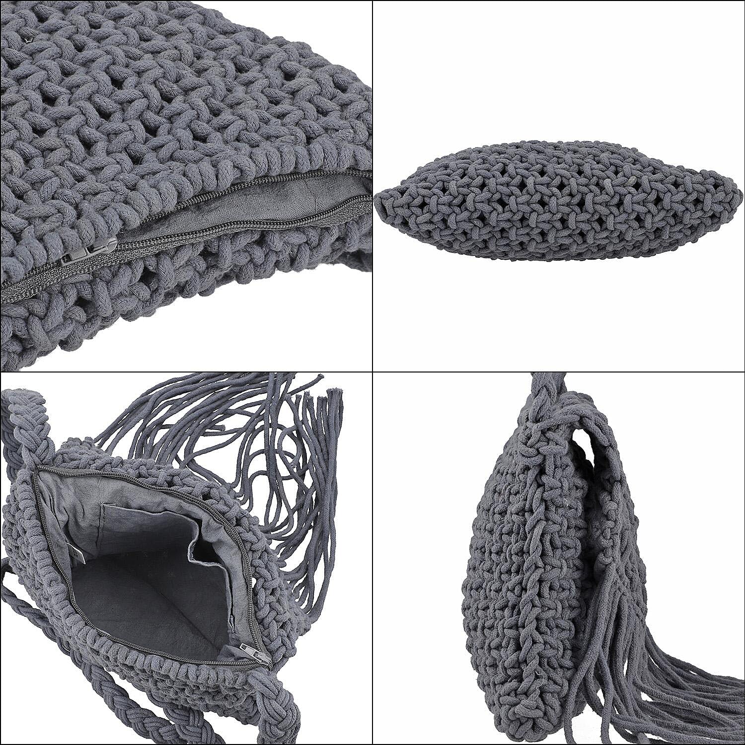 100% Cotton Crossbody Macrame Bag with Long Handle - Grey 8717918 5