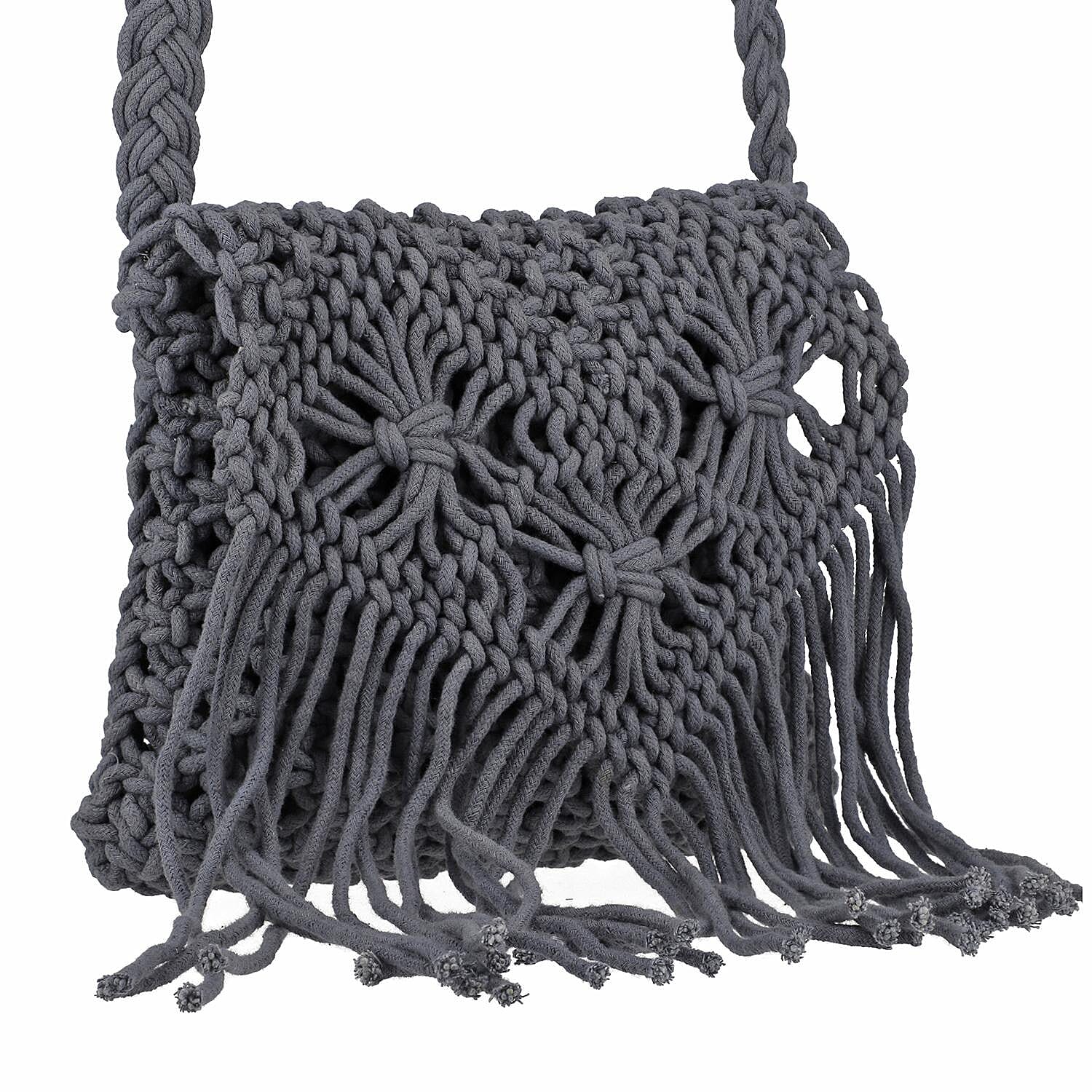 100% Cotton Crossbody Macrame Bag with Long Handle - Grey 8717918 7