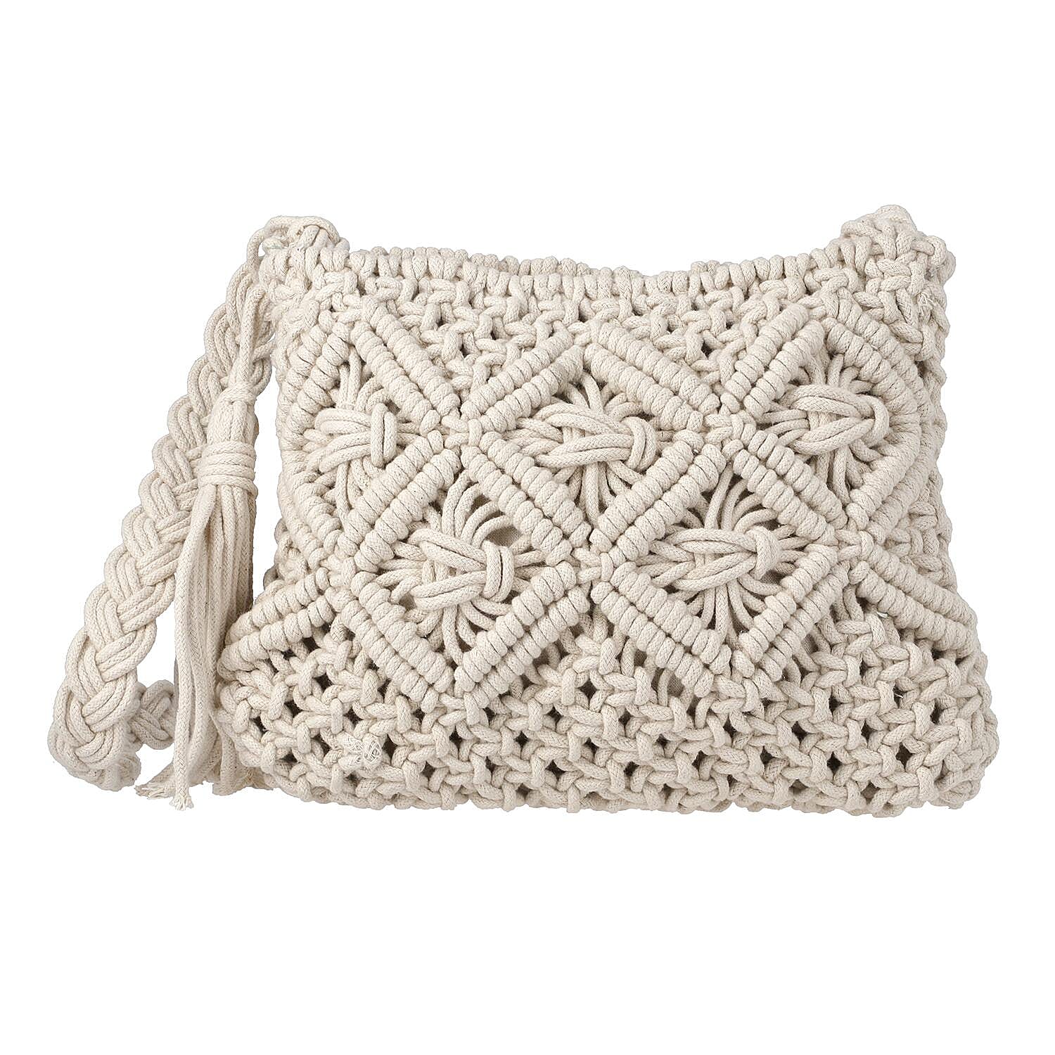 100% Cotton Crossbody Macrame Bag with Long Handle - White 8717877 0