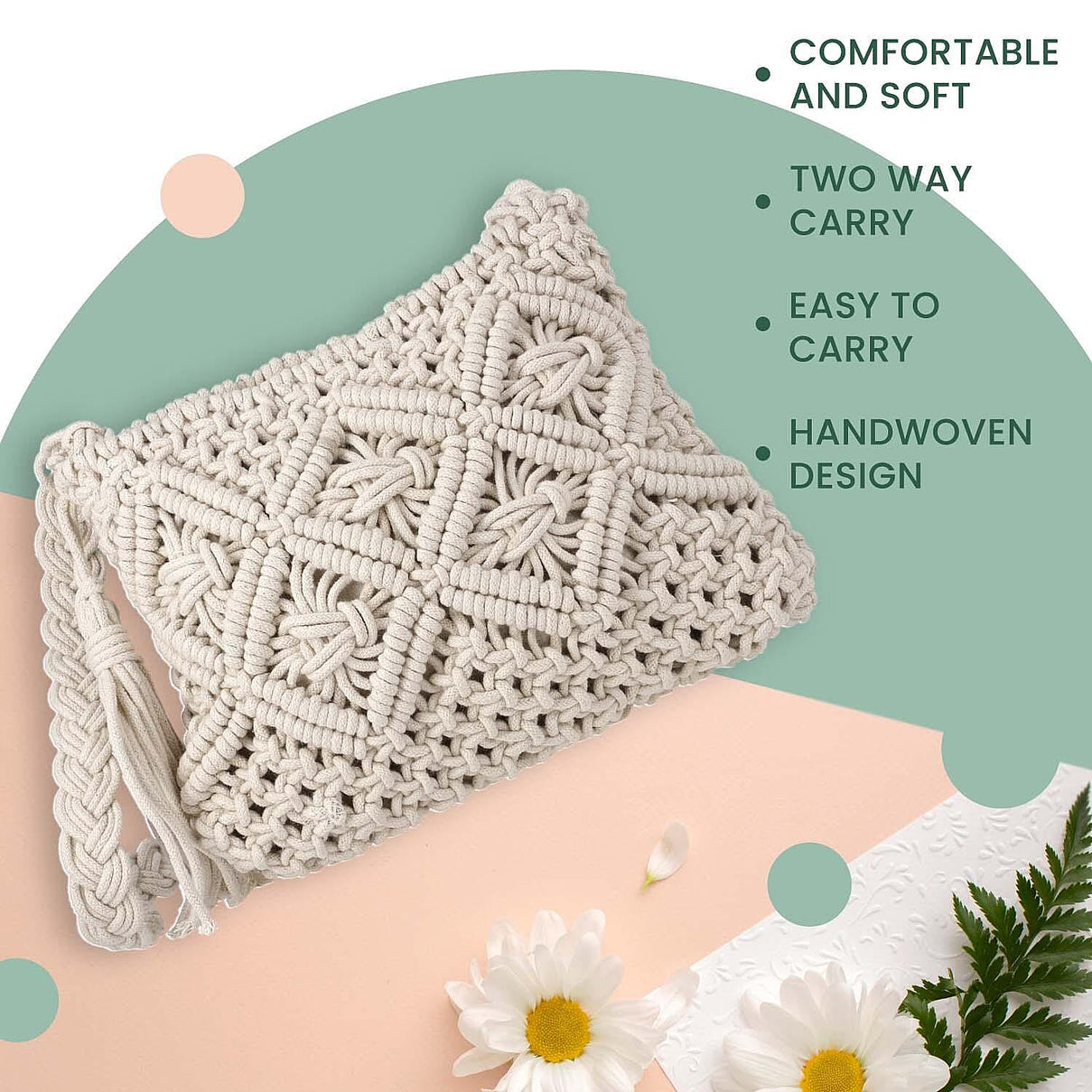 100% Cotton Crossbody Macrame Bag with Long Handle - White 8717877 3