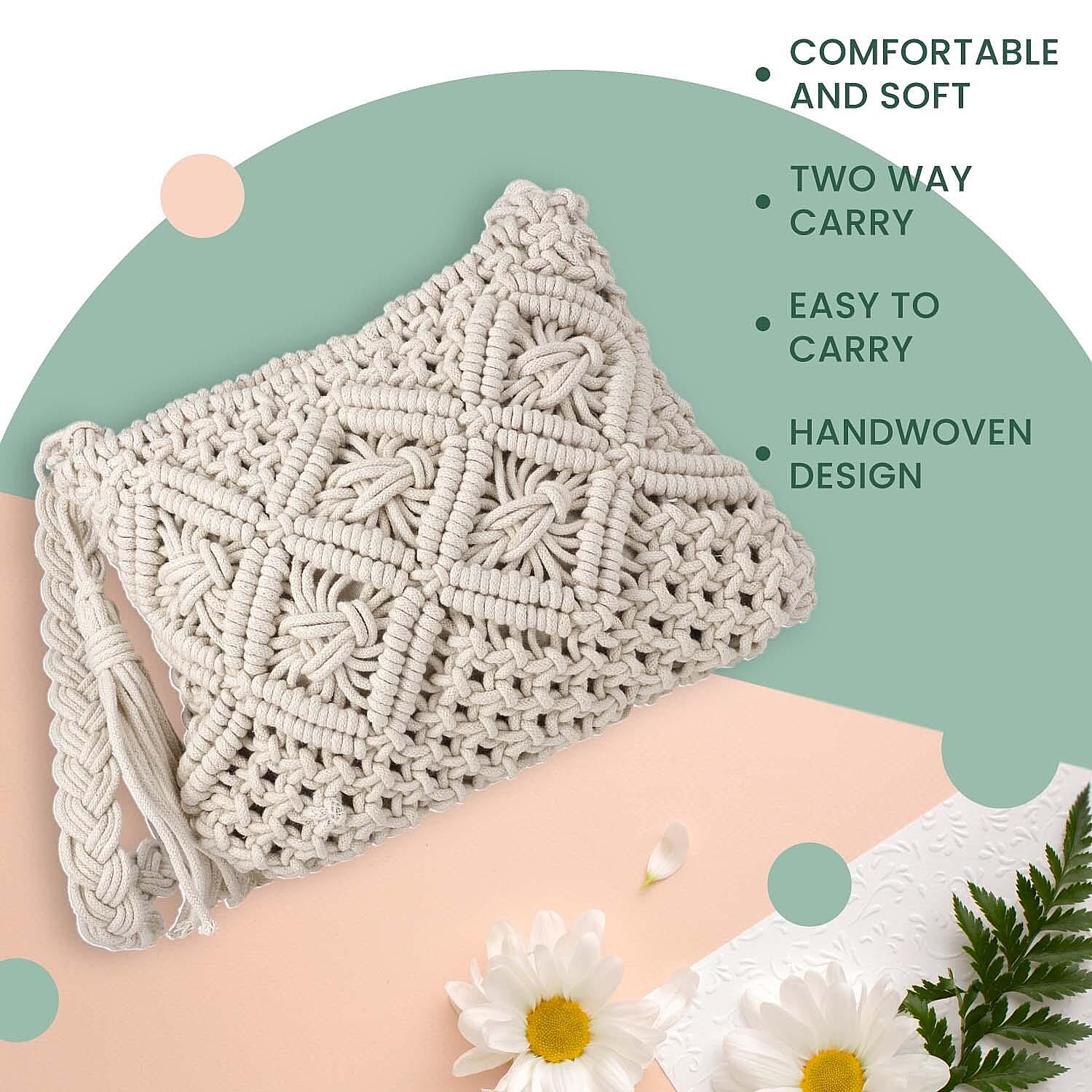 100% Cotton Crossbody Macrame Bag with Long Handle - White 8717877 3
