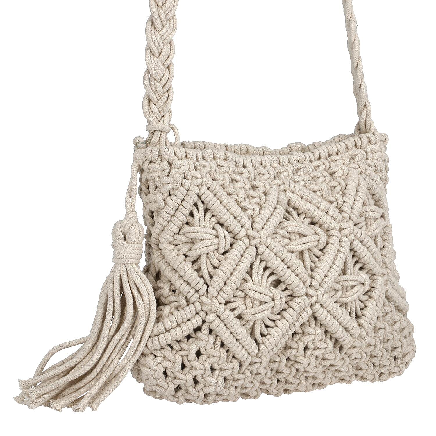 100% Cotton Crossbody Macrame Bag with Long Handle - White 8717877 6