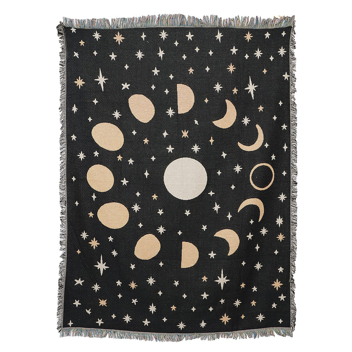 100% Cotton Jacquard Woven Moon Phase Print Throw with Fringes For Home DÃ©cor - Black 7311273 0