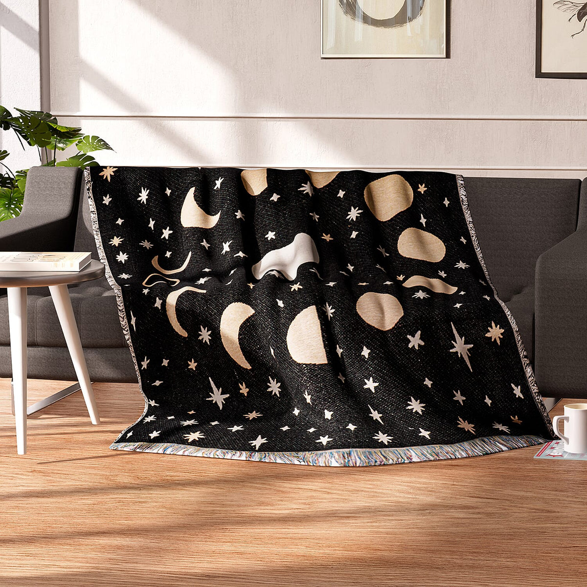 100% Cotton Jacquard Woven Moon Phase Print Throw with Fringes For Home DÃ©cor - Black 7311273 2