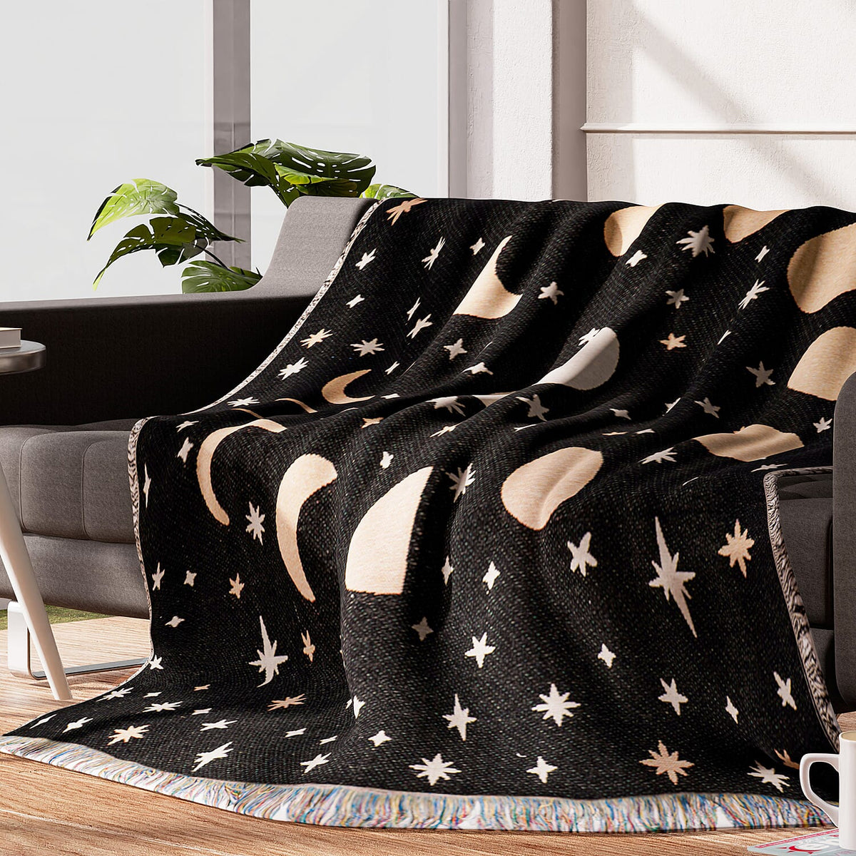 100% Cotton Jacquard Woven Moon Phase Print Throw with Fringes For Home DÃ©cor - Black 7311273 3