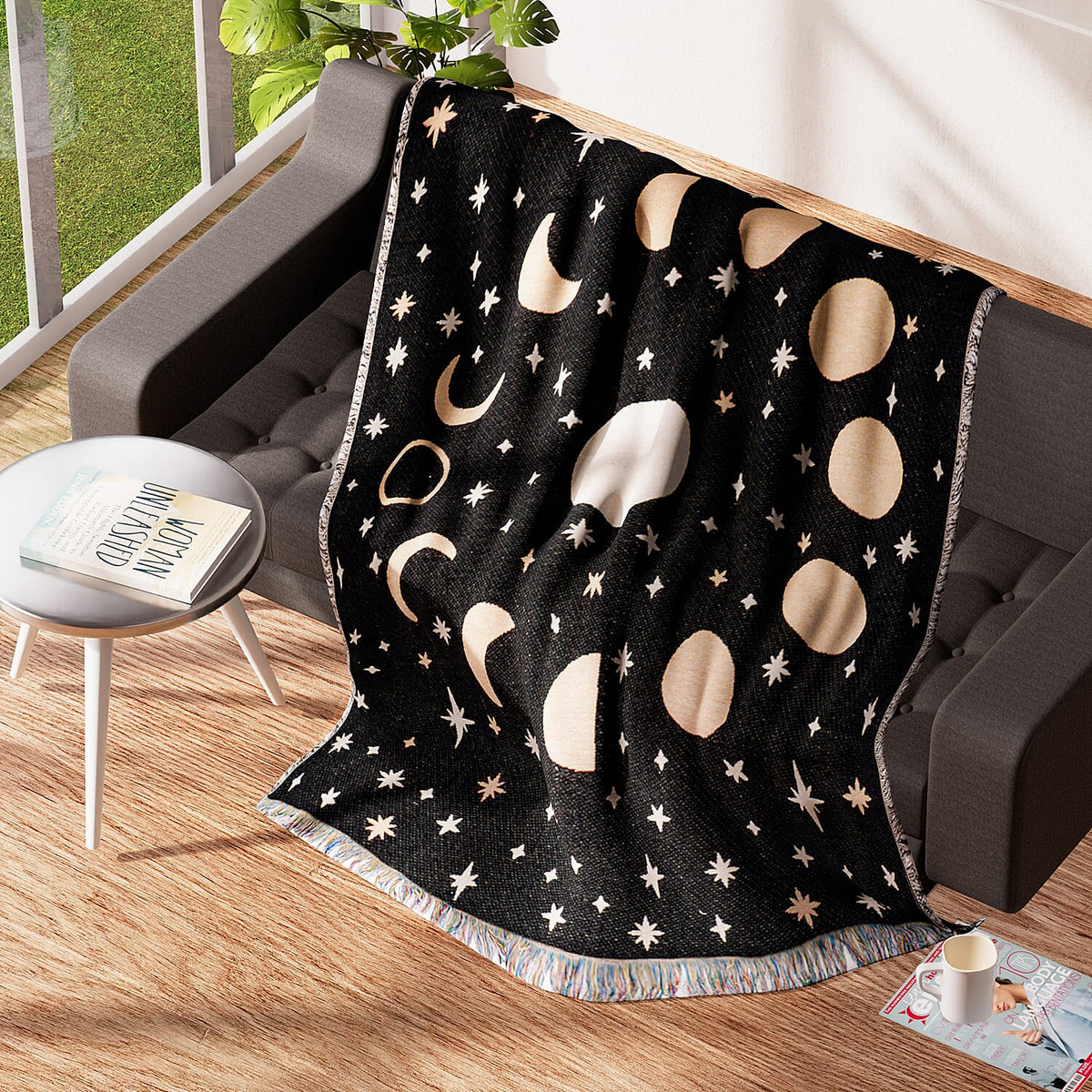 100% Cotton Jacquard Woven Moon Phase Print Throw with Fringes For Home DÃ©cor - Black 7311273 4
