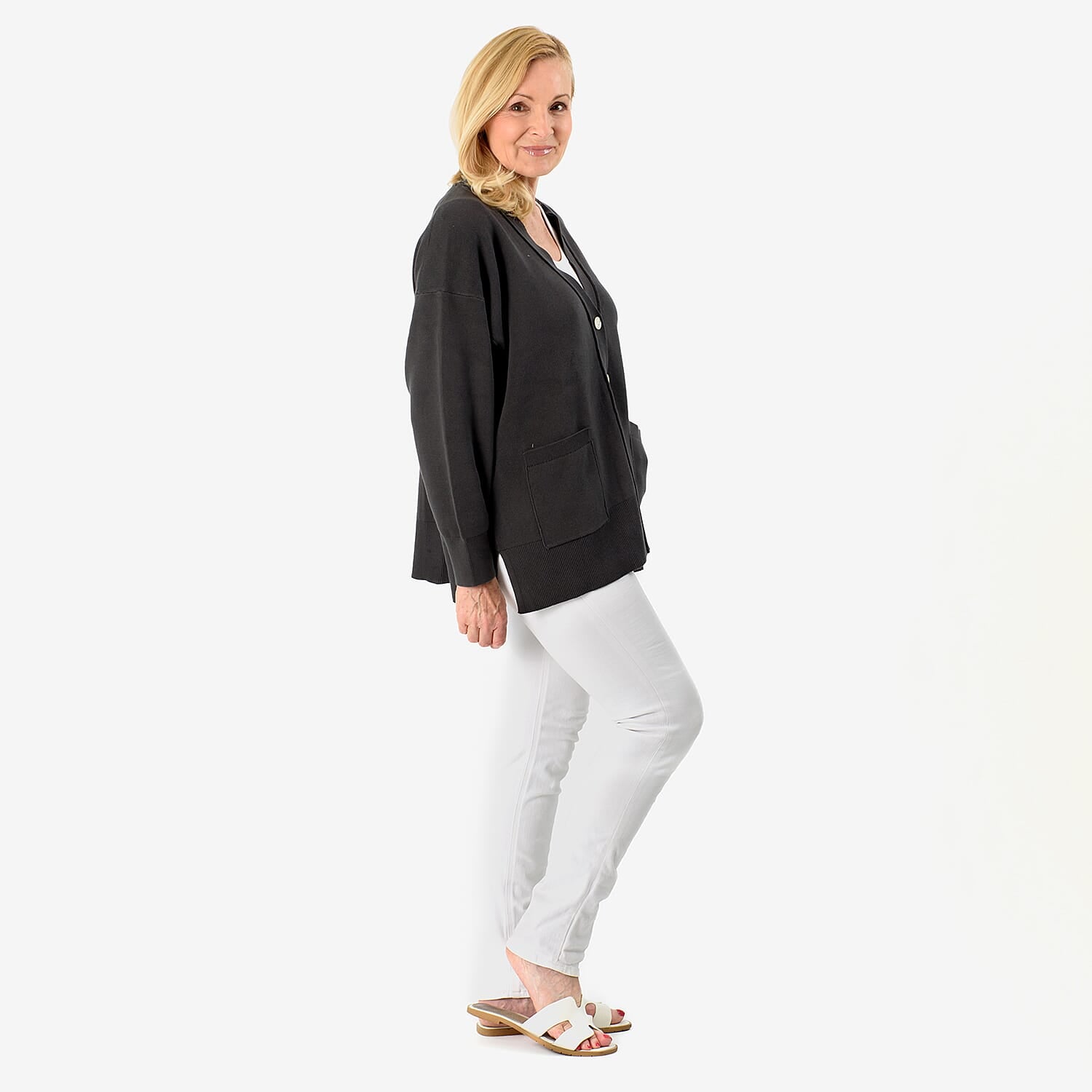 100% Cotton Knitted Solid Cardigan  (Size - L-XL) - Charcoal 8064649 1