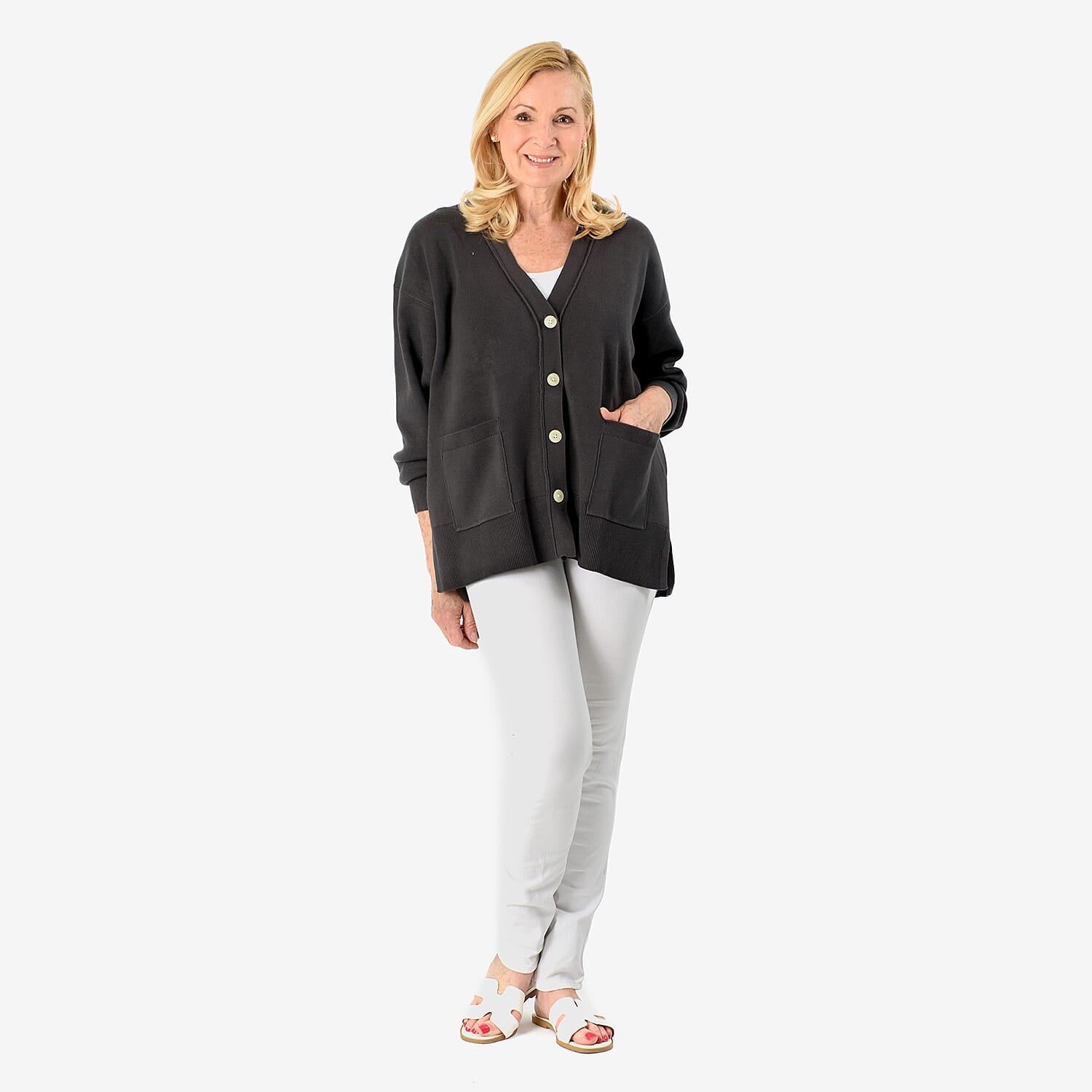 100% Cotton Knitted Solid Cardigan  (Size - L-XL) - Charcoal 8064649 4