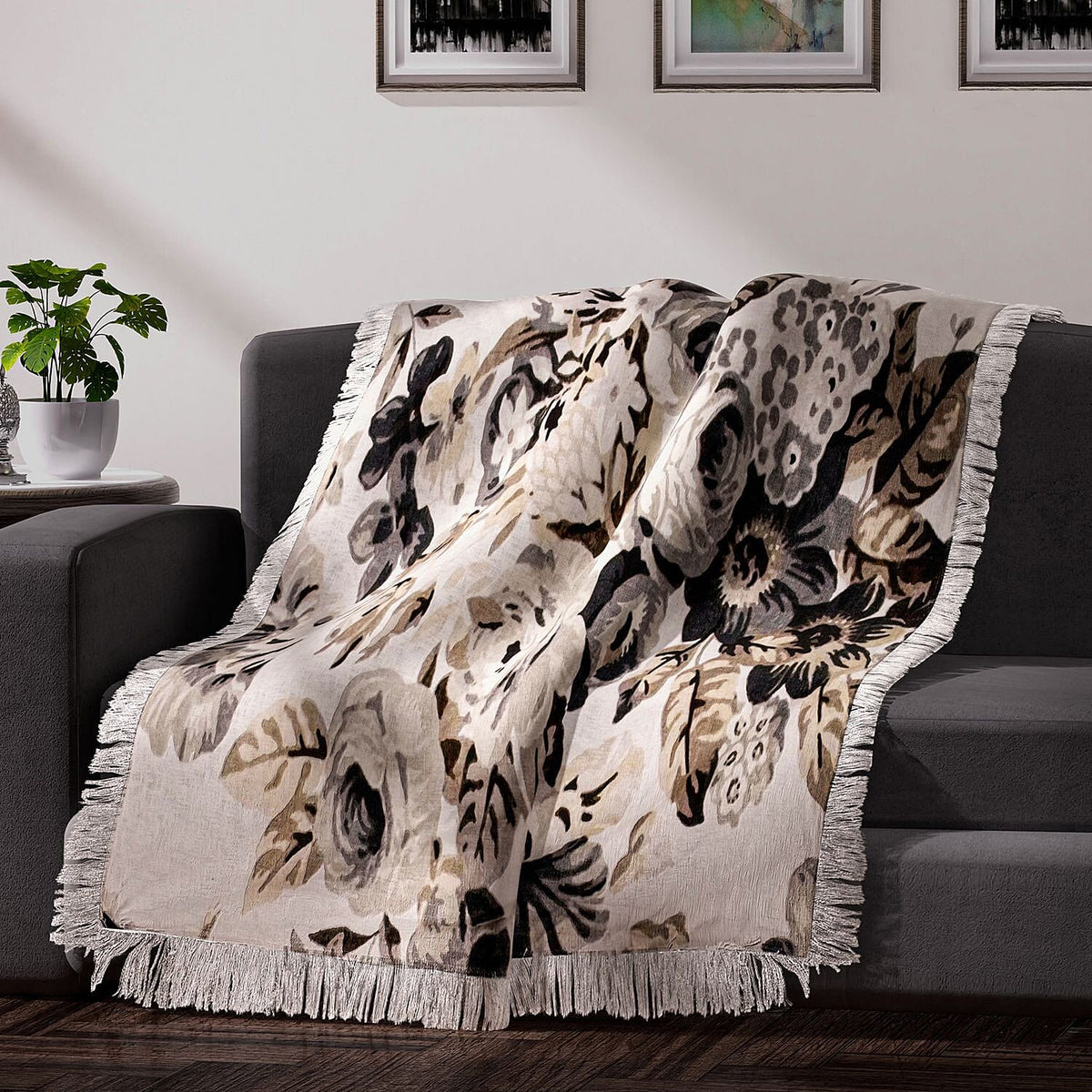 100% Cotton Slub Digital Printed Throw Blanket with Frill - Ivory and Black 7016636 0