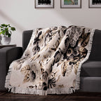 100% Cotton Slub Digital Printed Throw Blanket with Frill (Size 180x130 Cm) - Ivory & Black