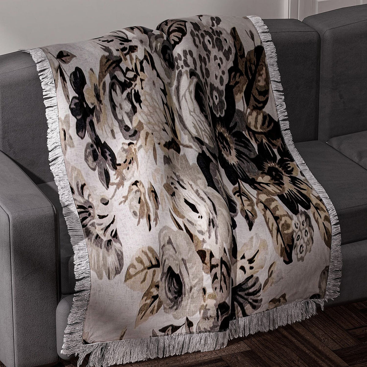 100% Cotton Slub Digital Printed Throw Blanket with Frill - Ivory and Black 7016636 2