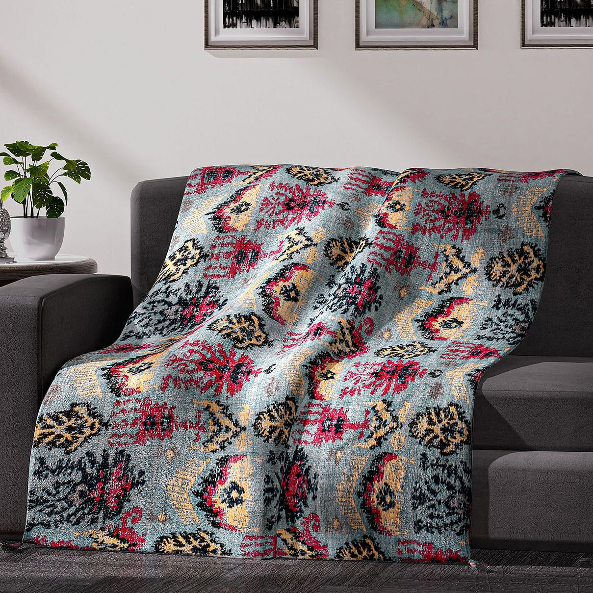 Cotton Slub Digital Printed Throw Blanket with Tassels - Grey 7016664 0