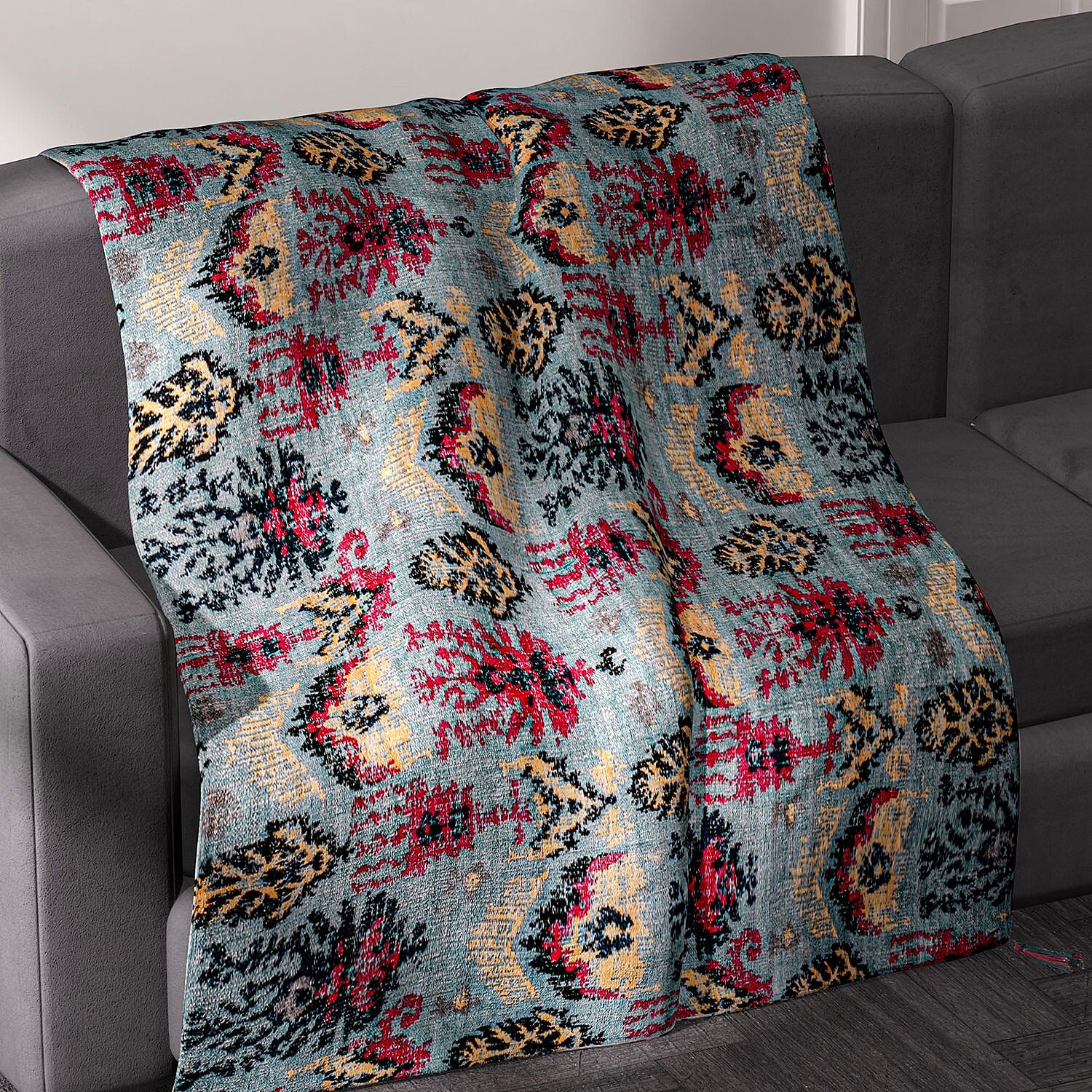 Cotton Slub Digital Printed Throw Blanket with Tassels - Grey 7016664 2