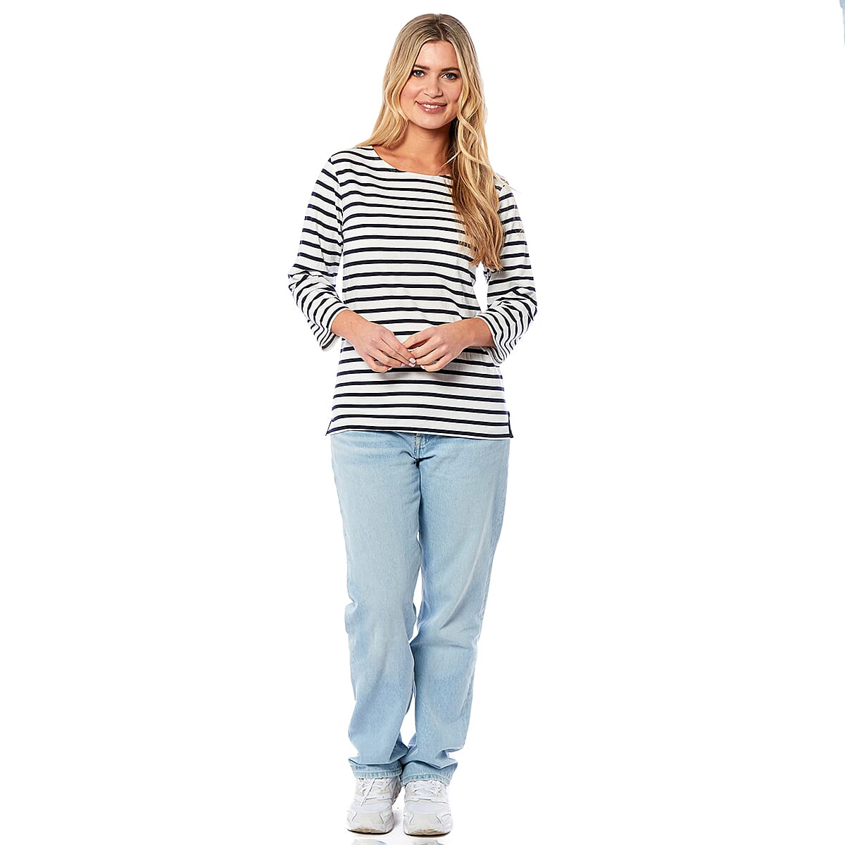 100% Cotton Thin Stripe 3-4 Sleeve Casual Top (Size 18) - Blue V32536135 0