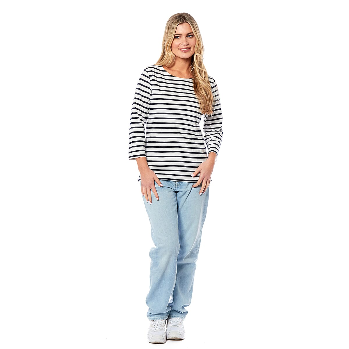 100% Cotton Thin Stripe 3-4 Sleeve Casual Top (Size 18) - Blue V32536135 2