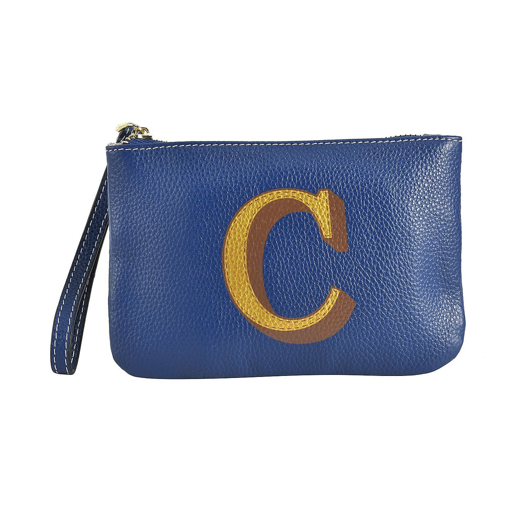100% Genuine Leather C Letterpress Wristlet Clutch - Dark Blue