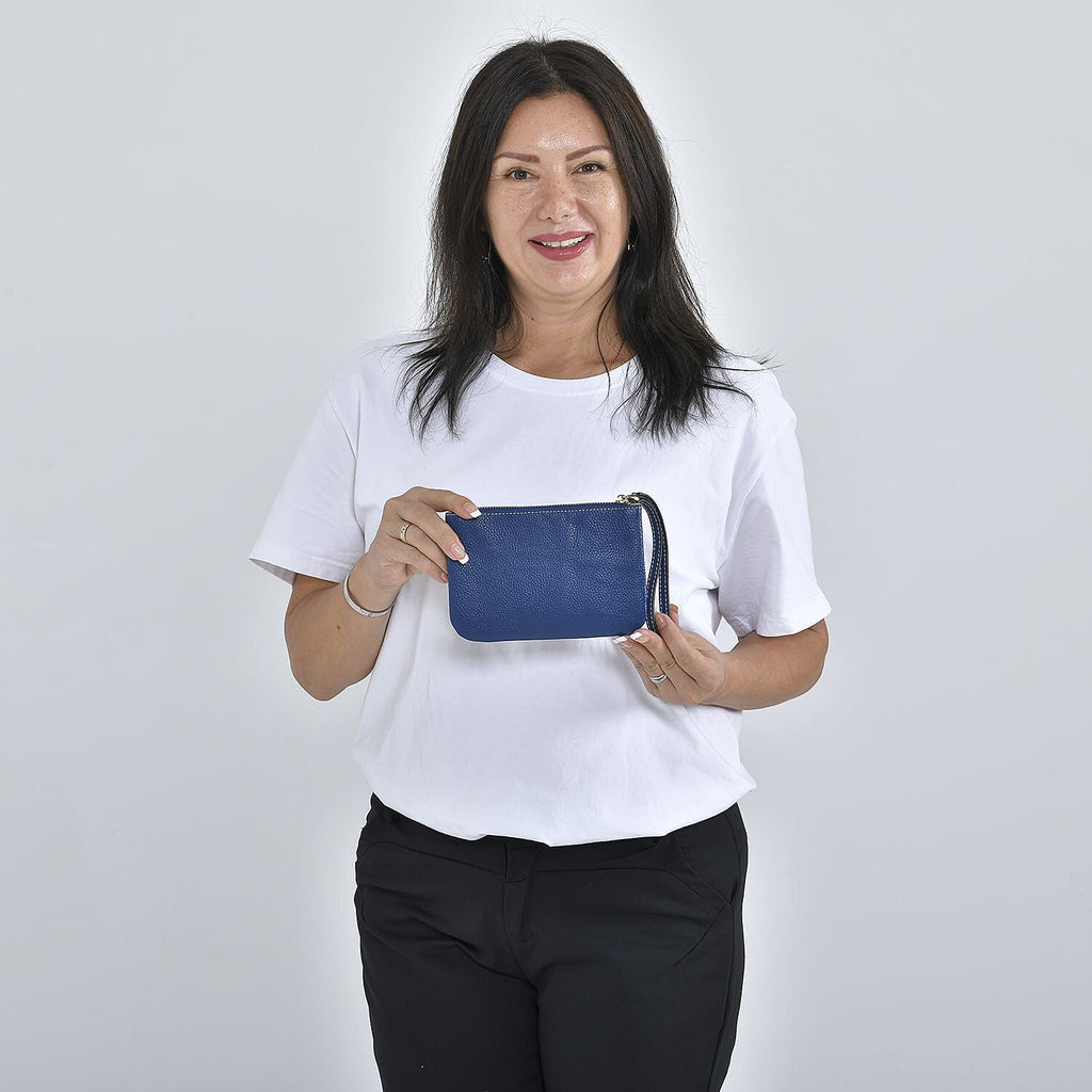 100% Genuine Leather C Letterpress Wristlet Clutch - Dark Blue