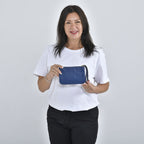 100% Genuine Leather C Letterpress Wristlet Clutch - Dark Blue