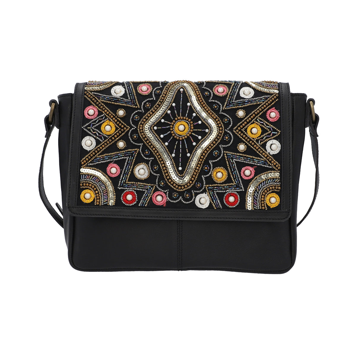 100% Genuine Leather Black Crossbody Bag with Multi Colour Embellishments 6883784 0