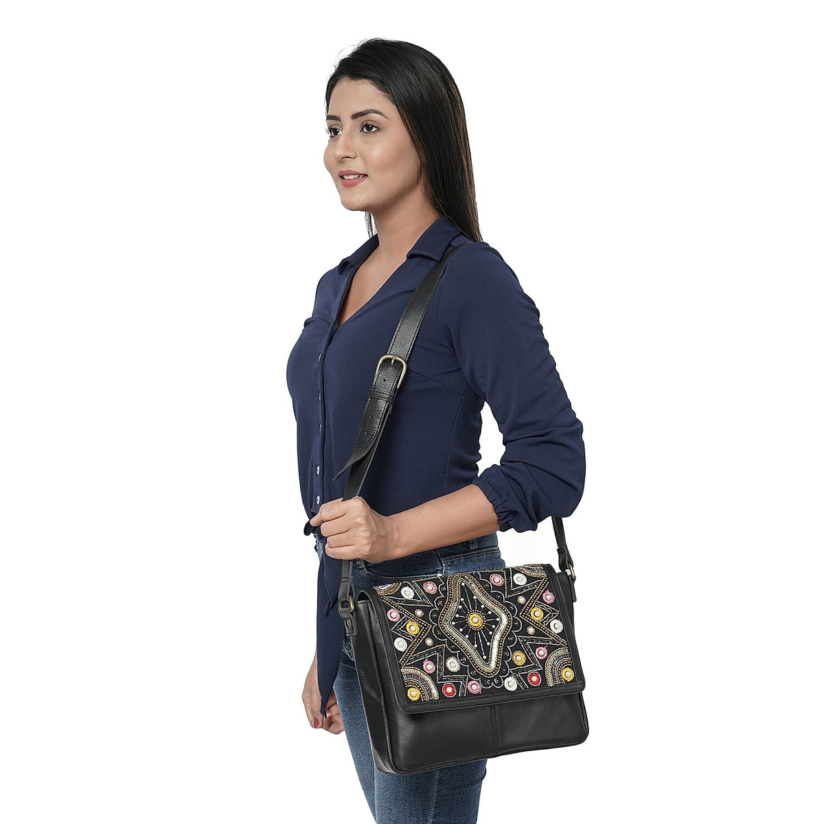 100% Genuine Leather Black Crossbody Bag with Multi Colour Embellishments 6883784 2