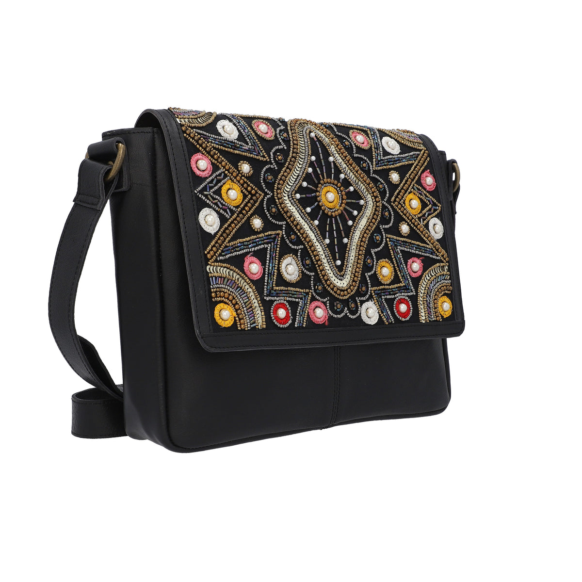 100% Genuine Leather Black Crossbody Bag with Multi Colour Embellishments 6883784 3