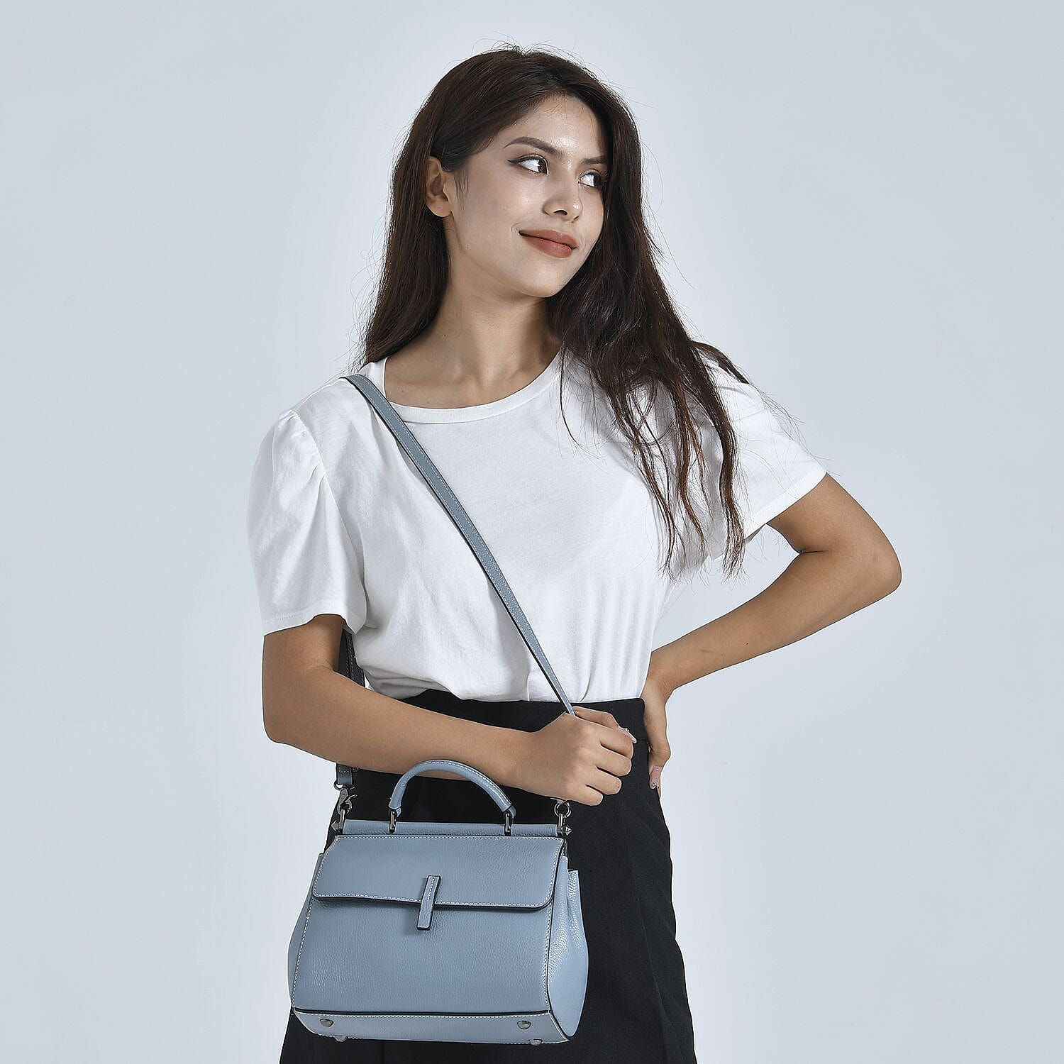 100% Genuine Leather Convertible Bag with Detachable Long Strap - Light Blue 7026966 2